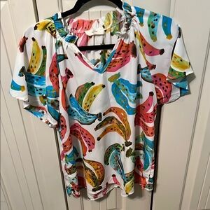 Entro Blue and Red Ruffled Short Sleeve Blouse